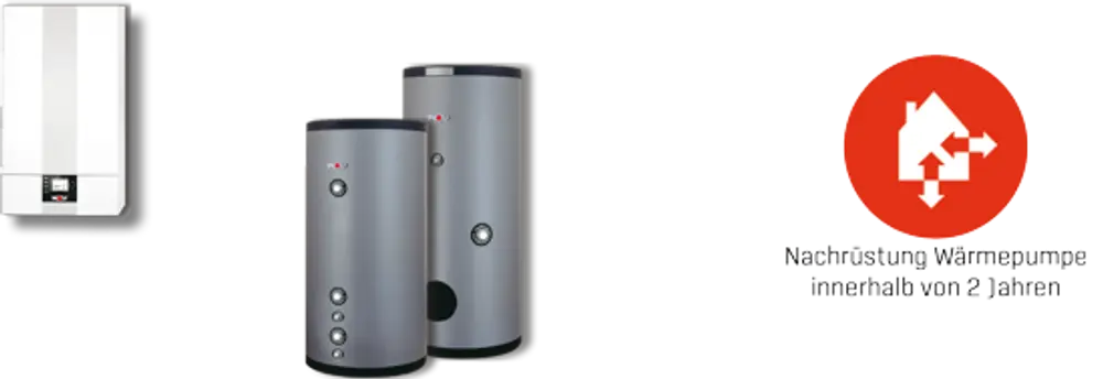 Wolf Heizgerät und zwei Wärme- und Pufferspeicher in silberner Ausführung. Das System zur effizienten Wärmeversorgung ist für erneuerbare Energien vorbereitet.